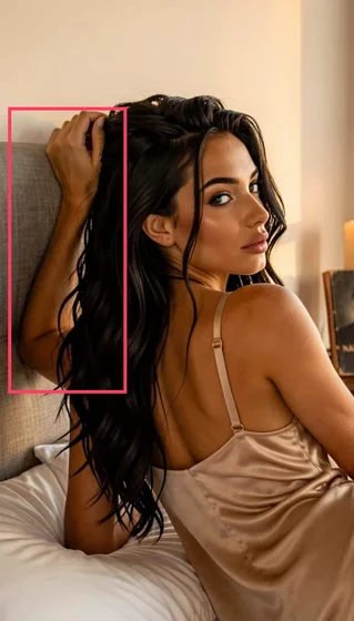 A woman sitting on a bed in a slip dress. The boxed region shows a third arm growing from her shoulder up into her hair.
