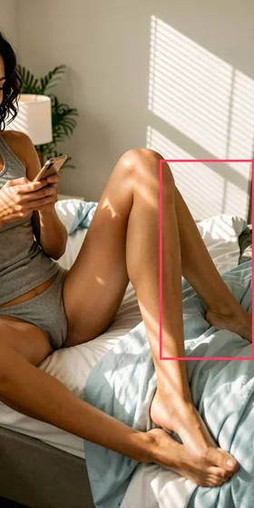 A woman sitting on a bed looking at her phone. The boxed region shows a third shin and foot branching out of her knee.